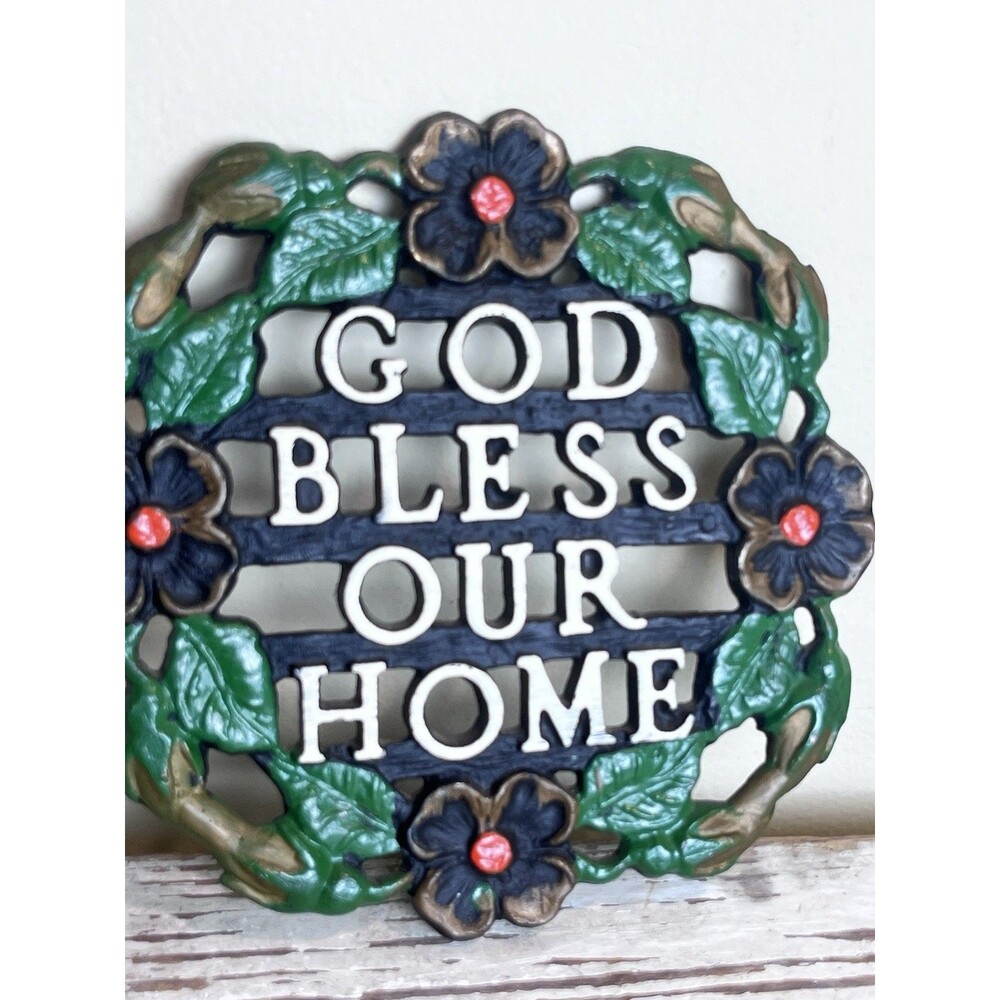 Vintage 'God Bless Our Home' Plaque: 1970s Floral Scripture Trivet / Wall Decor